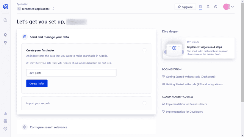 Creating an application on Algolia