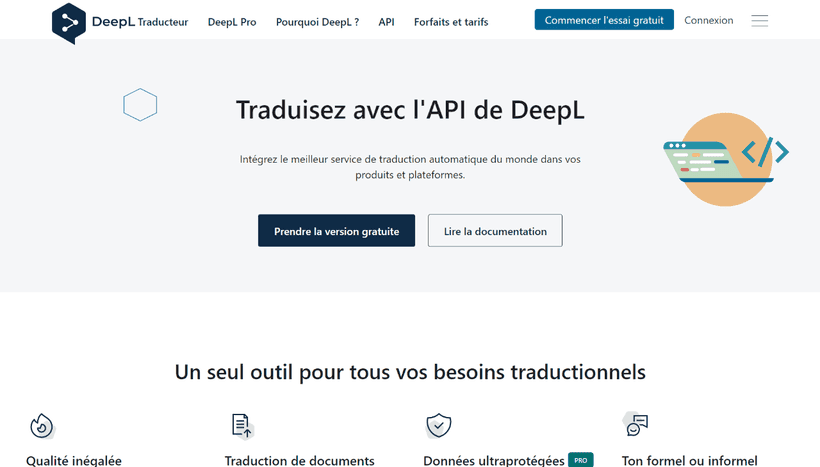 DeepL Page d'accueil de l'API