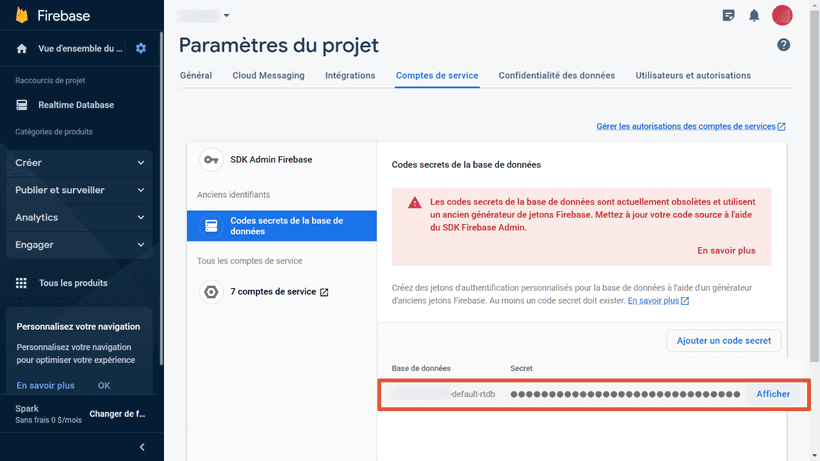 Codes secrets de la base de données de la Realtime Database